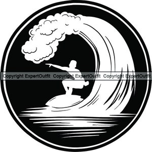 May include: Black and white silhouette of a surfer riding a wave. The surfer is in the center of the image, with the wave breaking behind them. The image is set against a black background.
