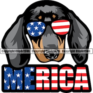 Dachshund Dog USA Flag Sunglasses Merica America American Breed Puppy Pup Pet Doxie Hot Design Element Logo SVG PNG Clipart Vector Cut File