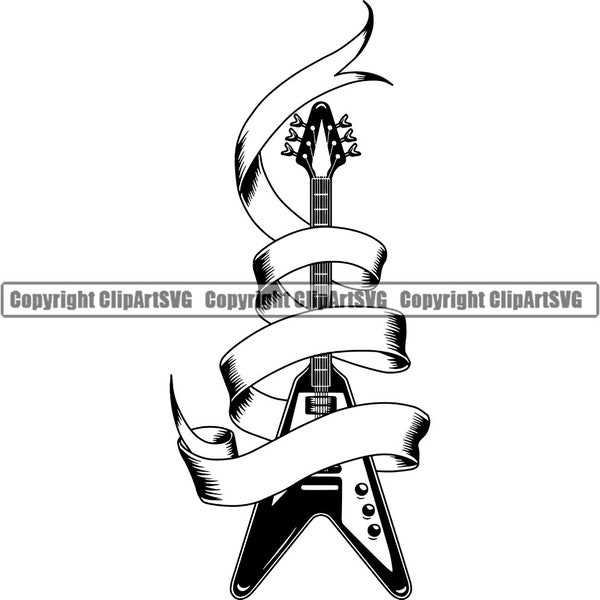 Rock N Roll Electric Guitar Ribbon Heavy Metal Music Star Sunglasses Musician Band Song Sound Retro Design Logo SVG PNG Vector Clipart Cut