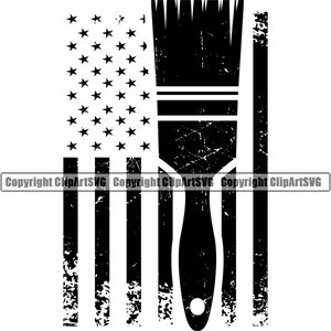 Könnte beinhalten: Ein schwarz-weißes, abgenutztes Design eines Pinsels vor einer amerikanischen Flagge. Der Pinsel befindet sich in der Mitte des Bildes und die Flagge auf der linken Seite des Bildes. Die Flagge hat 13 Streifen und 50 Sterne.