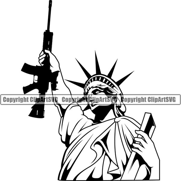 Statue Of Liberty Gun Flag USA America Patriot Freedom Machine Rifle Firearm American Weapon Law Design Art Logo SVG PNG Clipart Vector Cut