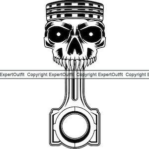 May include: Black and white illustration of a skull wearing a checkered racing cap, with a connecting rod underneath. The skull has a fierce expression with sharp teeth.