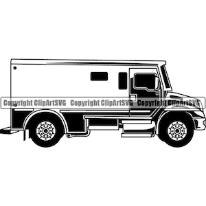 May include: A black and white illustration of an armored truck. The truck has a large, rectangular body with a small cab in the front. The truck has two large wheels on each side and a small door on the side of the body.