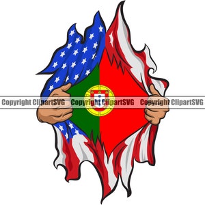 May include: An illustration of a ripped American flag revealing the flag of Portugal underneath. The American flag is red, white, and blue with stars. The Portuguese flag is green, red, and yellow with the Portuguese coat of arms in the center.