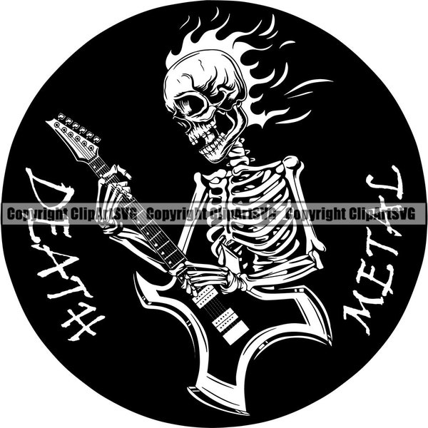 Skull Skeleton Playing Guitar Rock N Roll Heavy Death Metal Music Star Musician Band Song Sound Design Art Logo SVG PNG Vector Clipart Cut