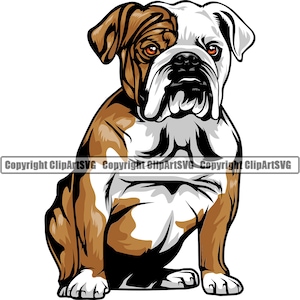 Englische Bulldogge Hund sitzen sitzend Rasse lächelnd glücklich Pfötchen Welpe Welpe Haustier Art Cartoon niedlich Rettung Design Logo SVG PNG Vektor Clipart Cut File