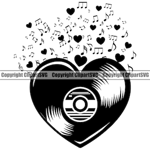 Vinyl Record Album Hart Liefde Muzieknoten Nachtclub Partij Draaitafel DJ Disc Jockey Stereo Geluid Ontwerp Art Logo SVG PNG Vector Clipart Knippen