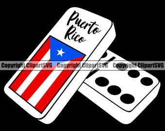 May include: A white domino with black dots on one side and a Puerto Rican flag on the other side. The domino is labeled "Puerto Rico".