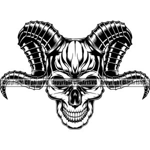 Cráneo Cuernos Cabeza muerta Mal Matar Asesino Tatuaje Esqueleto Hueso Horror Satanás Diablo Elemento de diseño vintage Logotipo SVG PNG Clipart Vector Cut File