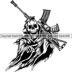 Grim Reaper Crâne Mitrailleuse Faucille Mort Mal Tuer Tueur Grim Fantôme Tatouage OS Peur Enfer Art Design Logo SVG PNG Vector Clipart Coupe Fichier
