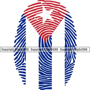 May include: A fingerprint design in the shape of the Cuban flag. The flag is red, white, and blue with a white star in the center.