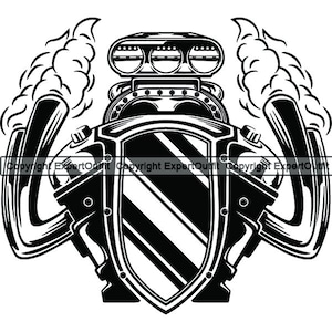Puede incluir: Ilustración en blanco y negro de un motor estilizado con tubos de escape y un escudo. El motor tiene un colector de admisión redondo y grande y una serie de cilindros más pequeños. El escudo está en el centro del motor y tiene un patrón a rayas.