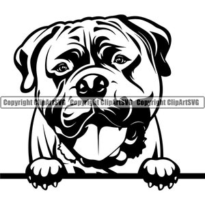 Bull Mastiff hond gluren Peek-A-Boo ras Paw Puppy Pup huisdier kunst K9 Engelse Dogue de Bordeaux Bulldog Logo SVG PNG Clipart Vector knippen snijden