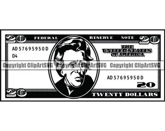 May include: Black and white illustration of a twenty dollar bill featuring a portrait of Andrew Jackson. The bill has the text "FEDERAL RESERVE NOTE" and "UNITED STATES OF AMERICA" printed on it. The bill also has the serial number "AD 57695950D" printed on it.