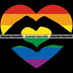 May include: A rainbow heart with two hands forming a heart shape inside. The hands are black and the heart is made up of the colors of the rainbow flag: red, orange, yellow, green, blue, indigo, and violet.