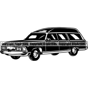 May include: Black and white illustration of a vintage hearse. The hearse has a long, rectangular body with a large rear window. The car has a classic design with a chrome bumper and a large grille.