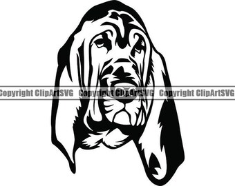 May include: Black and white silhouette of a Bloodhound dog's head. The dog has floppy ears and a long snout.