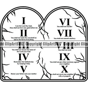 以下が含まれることがあります： 2 つの石の板に刻まれた十戒の白黒のイラスト。板はひび割れて壊れており、法律の脆さを象徴しています。テキストにはローマ数字の I から X と対応する戒めが含まれています。