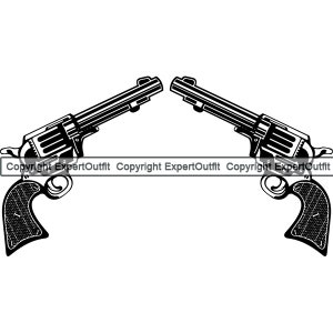Puede incluir: Dos revólveres negros apuntándose el uno al otro, con los cañones cruzados. Las armas tienen un diseño detallado y están sobre un fondo blanco.