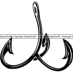 May include: Black and white illustration of a double hook, a fishing lure.