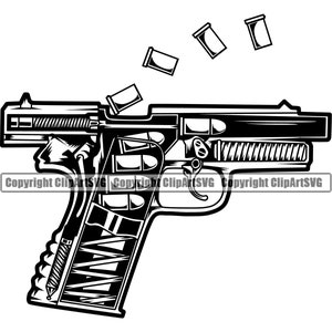 May include: A black and white illustration of a handgun with the internal workings visible. The gun is shown with bullets scattered around it. The text "Copyright ClipArtSVG" appears at the bottom of the image.