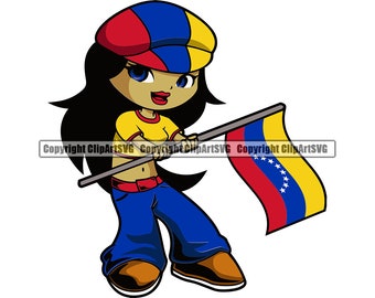Venezuela Venezuelan Cute Little Girl Flag Country World Nation Map Sign Symbol Design Element Logo SVG PNG Clipart Vector Cutting Cut File
