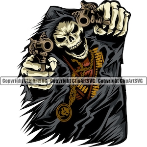 Sensenmann Schädel Skelett Pistole Pistole Kugel Knochen Halskette Tod Evil Kill Killer Gespenst Tattoo Hölle Art Logo SVG PNG Vektor Clipart Cut
