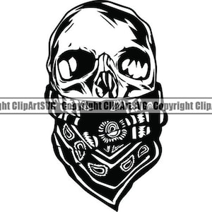 May include: Black and white illustration of a skull wearing a bandana with a paisley pattern.
