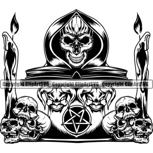 Sensenmann Totenkopf Skelett grinsend grinsend lesen Buch Dein Schicksal Tod Evil Kill Killer Geist Tattoo Hölle Art Logo SVG PNG Vektor Clipart Cut