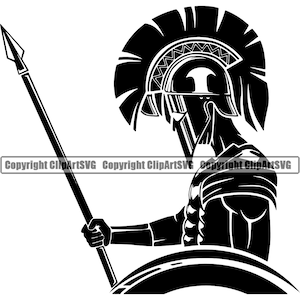 May include: Black and white silhouette of a Spartan warrior holding a spear and shield. The warrior is wearing a helmet with a plume.
