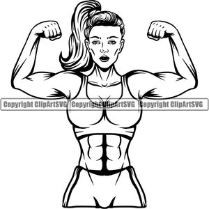 Culturismo Mujer Mujer Músculo Flex Fitness Gimnasio Entrenamiento Tren Salud Peso Pose Ajuste Cuerpo Fuerte Diseño Logotipo SVG PNG Vector Clipart
