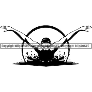 Pode incluir: Silhueta preta e branca de um nadador fazendo o estilo borboleta em uma piscina. O nadador está usando touca de natação e óculos.