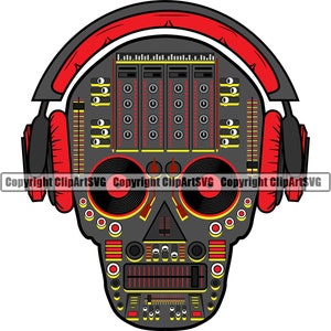 Musik Skull Kopfhörer DJ Deejay Turntable Spin Plattenspieler Mixer Disc Jockey Vinyl Club Design Logo SVG PNG Vektor Clipart Schneidedatei