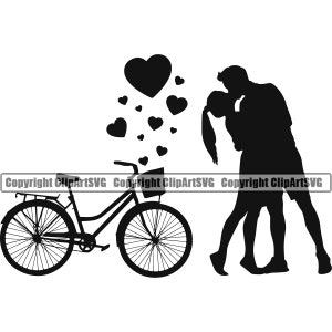 Casal se beijando cesta de bicicleta amor coração cuidado natureza crescer vida primavera quadro parede arte decoração design cartão retro logotipo svg arquivo de corte de vetor png