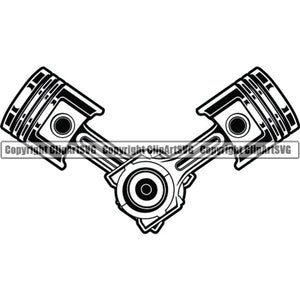 Puede incluir: Ilustración en blanco y negro de dos pistones de motor cruzados. Los pistones están conectados por una biela y tienen una forma circular en la parte superior.