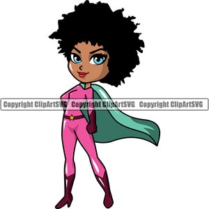 Cute Cartoon Mulher Negra Feminino Menina Rosto Cabelo Afro Olhos Grandes Lola Africano Núbio Super Herói Rainha Arte SVG PNG JPG Clipart Corte vetorial