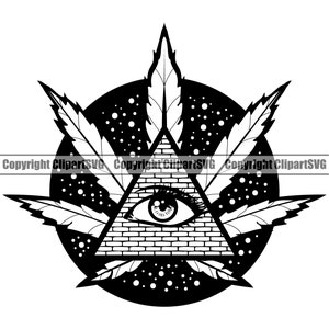 May include: Black and white illustration of an all-seeing eye inside a triangle, surrounded by marijuana leaves. The eye is looking directly at the viewer. The background is a black circle with white dots.