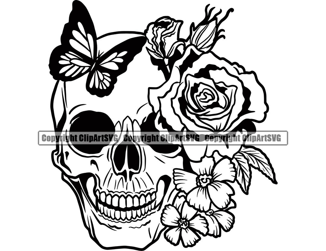 Skull Roses Flowers Butterfly Grin Death Love Dead Head Evil Kill Killer  Tattoo Female Woman Design Art Logo SVG PNG Clipart Vector Cut File - Etsy, image size:1080x831
