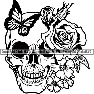 May include: Black and white line art illustration of a skull with a butterfly on top and roses and other flowers around it.