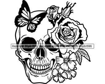 Skull Roses Flowers Butterfly Grin Death Love Dead Head Evil Kill Killer Tattoo Female Woman Design Art Logo SVG PNG Clipart Vector Cut File