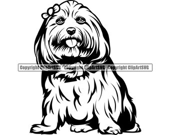 May include: Black and white line art illustration of a small dog with a bow on its head. The dog is sitting with its tongue sticking out.