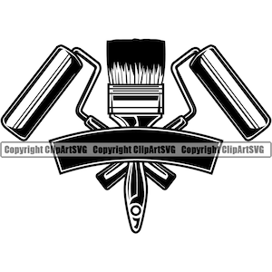 Könnte beinhalten: Schwarz-weiß-Illustration eines Pinsels und zweier Farbrollen mit einem Banner mit der Aufschrift "Copyright ClipArtSVG".