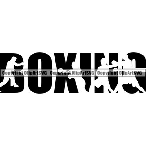 May include: Black and white silhouette of two boxers in a fighting pose, with the word "BOXING" in large, bold letters.