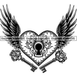 Herz Schloss Schlüssel Liebe König Krone Flügel Konzept Vintage Alt Retro Verziert Symbol Tattoo Deco Kunstwerk Art Design Logo SVG PNG Vektor Clipart Cut