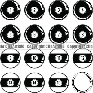 May include: Black and white illustration of 15 billiard balls, numbered 1 through 15. The balls are arranged in three rows of five, with the 8 ball in the center.
