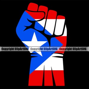 May include: A raised fist with the colors of the Puerto Rican flag. The fist is red, white, and blue with a white star in the center.