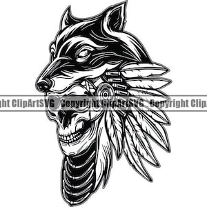Puede incluir: Ilustración en blanco y negro de una cabeza de lobo con un tocado de plumas. La cabeza del lobo está estilizada con un diseño de calavera.