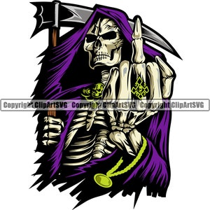 Sensenmann Schädel Skelett Knochen Sichel Klinge Mittelfinger Tod Evil Kill Killer Gespenst Tattoo Hölle Art Logo SVG PNG Vektor Clipart Cut