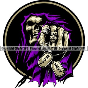 Sensenmann Skelett Totenkopf Grinsen Dog Tags Your Next Death Evil Kill Killer Gespenst Tattoo Hölle Art Logo SVG PNG Vektor Clipart Cut File