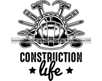 May include: Black and white illustration of a construction worker's hard hat surrounded by tools, including a hammer, level, and shovel. The text "CONSTRUCTION life" is below the image.